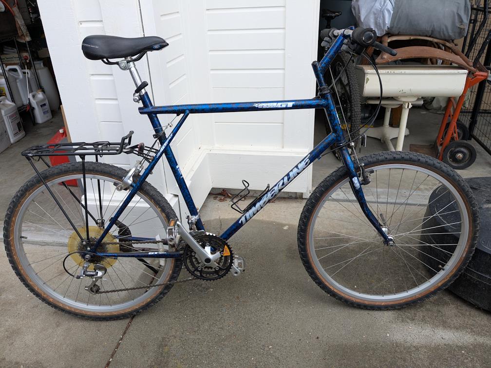 a large 1991 GT Timberline mountain bike with blue/black paint job stands in front of a garage door. The bike has flat bars, knobby 26" tires, and is in clean shape given it's 35 years old.