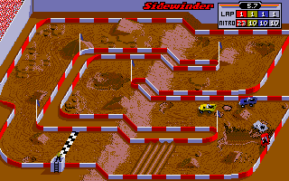a gif of Ivan Ironman Stewart's Super Off Road game with 4 vehicles racing each other onscreen