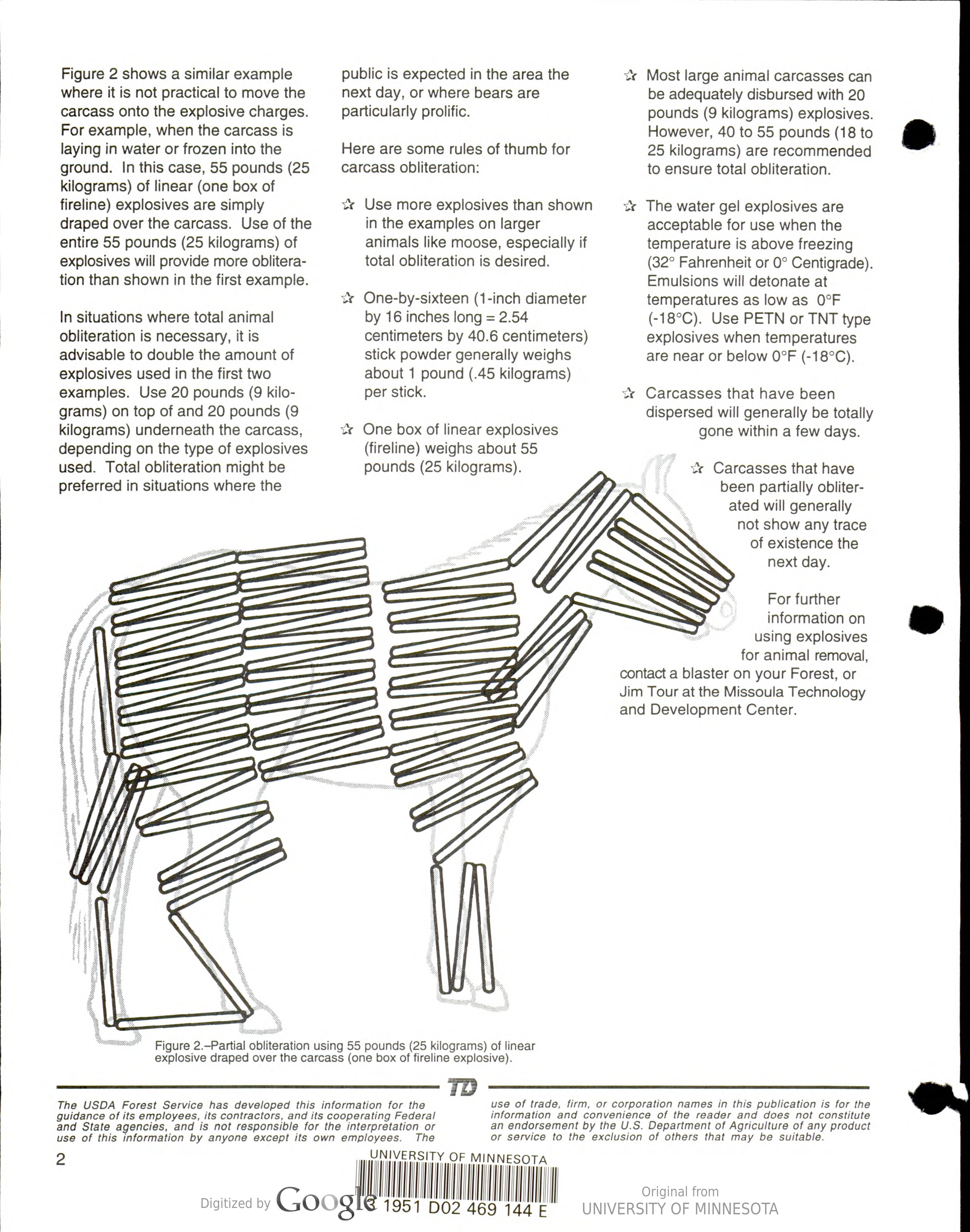 a forest service manual instructing on how to detonate livestock to prevent attracting bears, page 2, with a outline of a horse and an example pattern of more generous dynamite placement