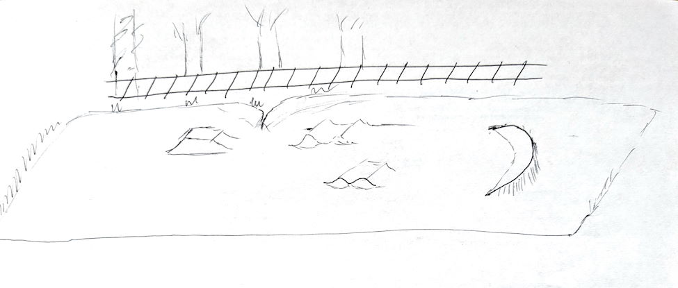 a hand sketch in black pen of an rc track with a tabletop, two sets of doubles, and a large banked turn